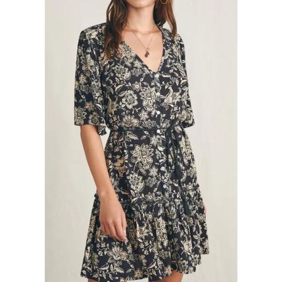Faherty Tiered Mini Dress Sz S Boho Botanical Floral Tie Waist Button Front - Picture 3 of 11